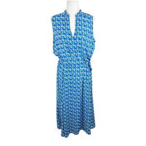 Anne Klein Dress Women 1X Blue Green Geometric Print Sleeveless Tie Waist Casual